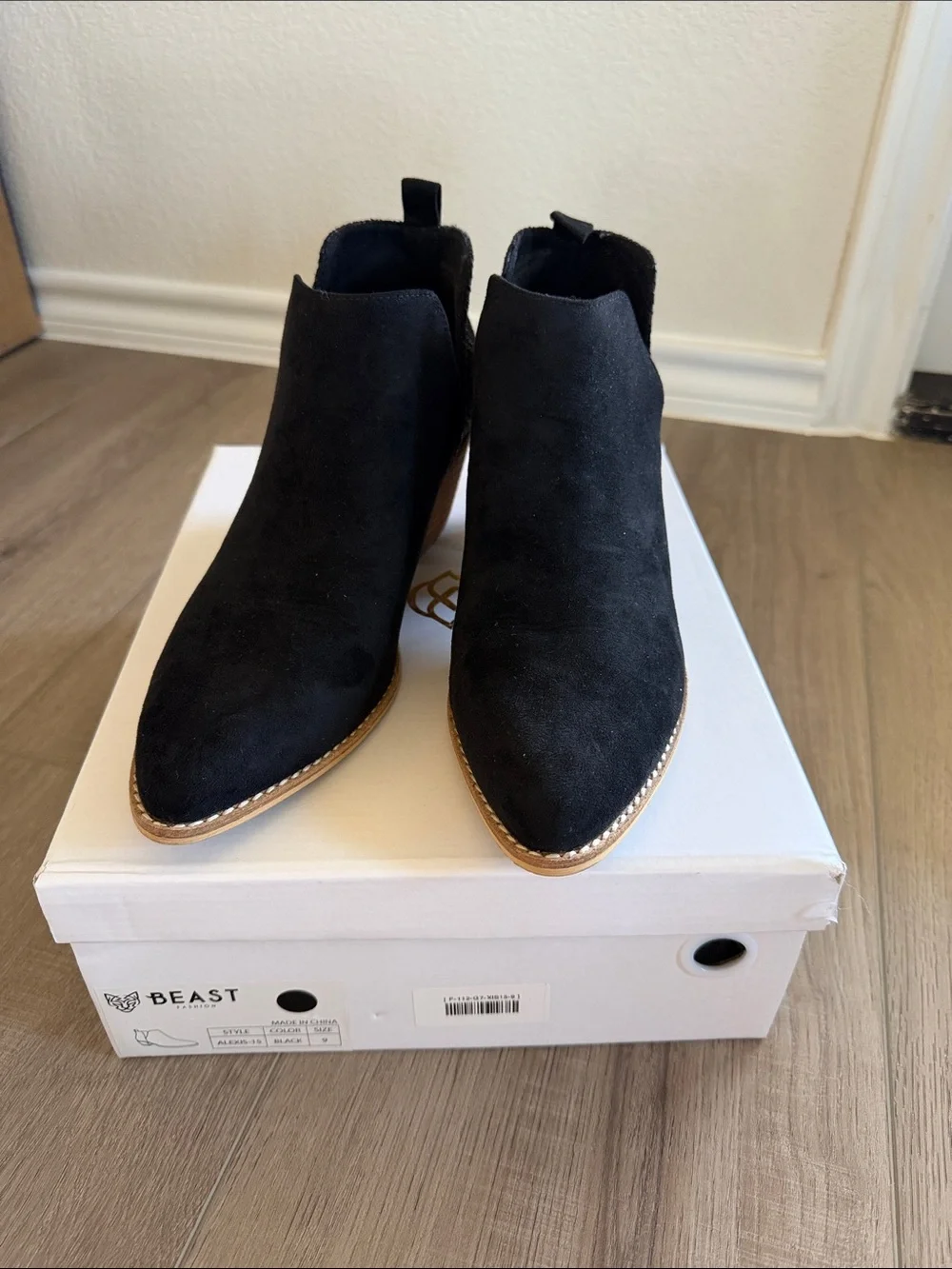 BEAST FASHION Black Suede Pointed-Toe Ankle Booties with Wood-Look Heel